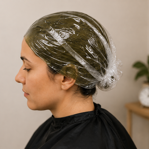 𝟒. 𝐂𝐮𝐛𝐫𝐞 𝐲 𝐝𝐞𝐣𝐚 𝐚𝐜𝐭𝐮𝐚𝐫. Recoge el cabello y cúbrelo con film transparente o una gorra deducha para conservar la humedad y el calor. Deja actuar el tiempo recomendado segúnel tono y el resultado deseado.